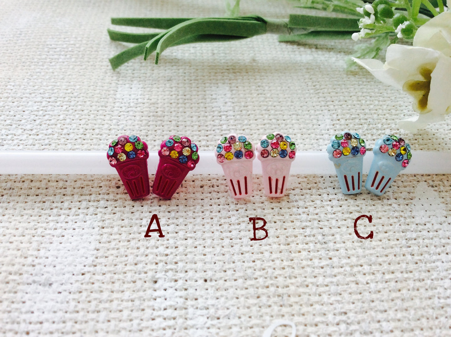 Dainty Blue Pink Fuchsia Popcorn w/ Crystal Enamel Post Earrings Adorable! Party Gift Unique Birthday