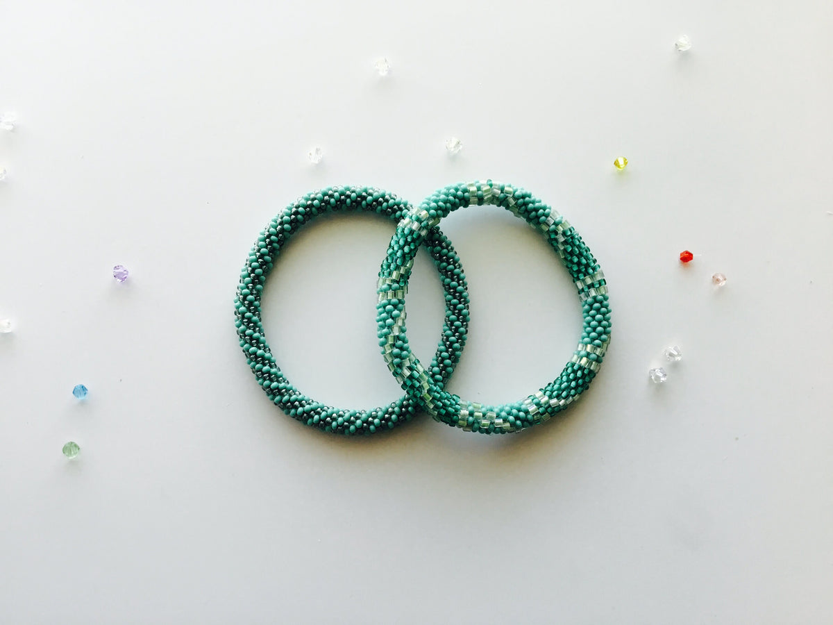 SET of 2 Nepal Beaded Bracelets Teal Green Gray Spiral