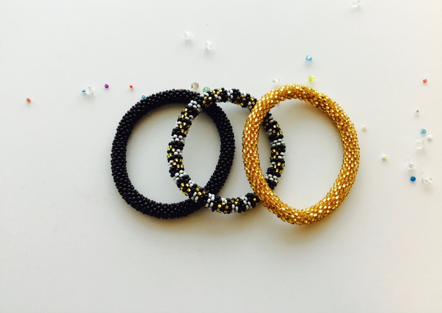 Nepal Beaded Bracelets Set of 3 Gift Black White Gold Stripes Flowers