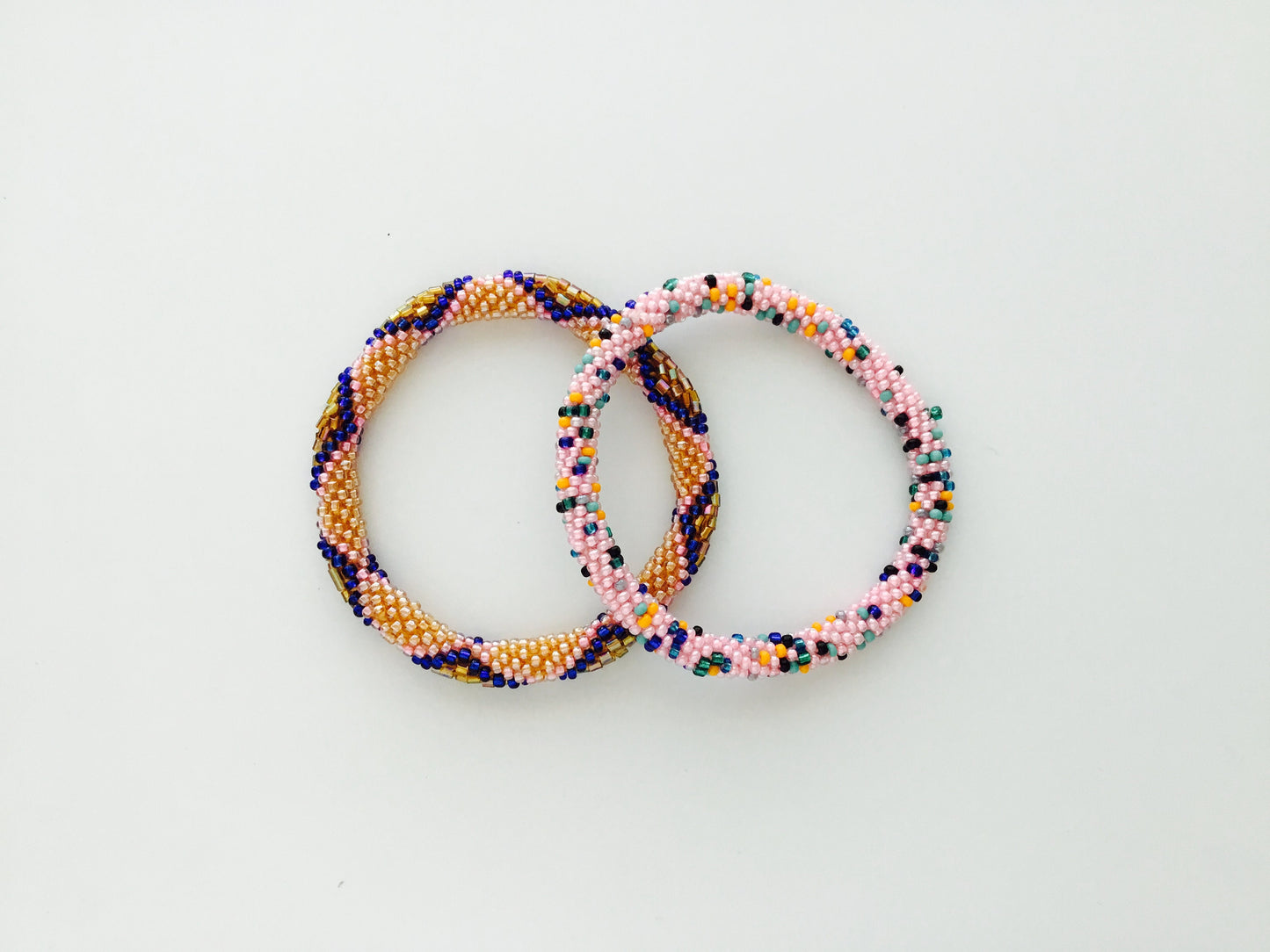 SET of 2 Nepal Beaded Bracelets Blue Pink Gold