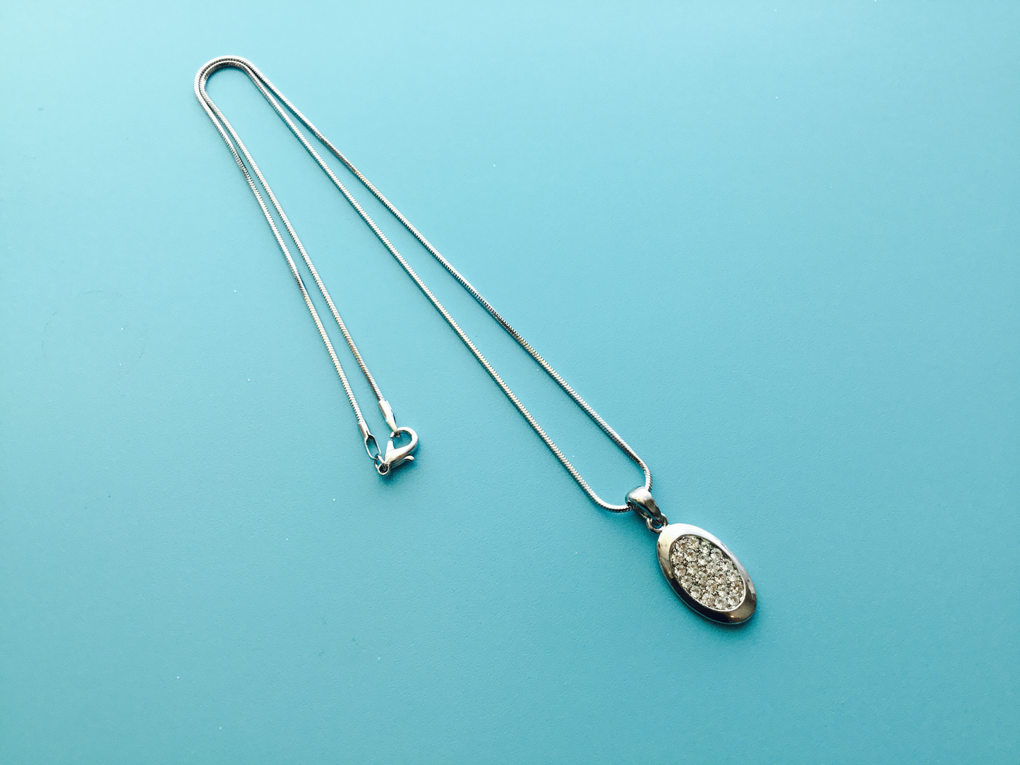 Oval Crystal Pendant Necklace w 16 inch snake chain