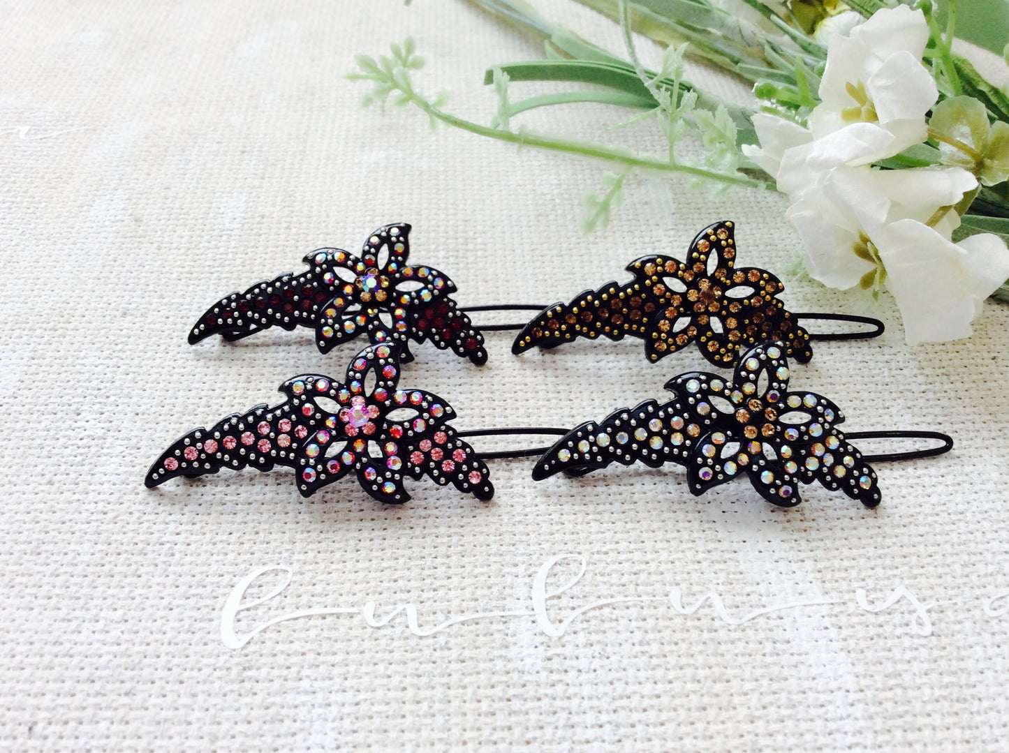 Pink Red AB Iridescent Topaz Brown Crystal Hair Clip Pin Barrette Flower