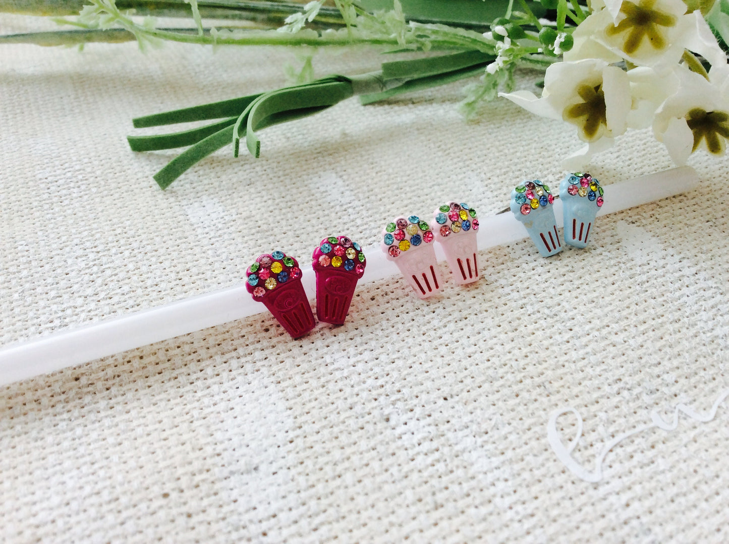 Dainty Blue Pink Fuchsia Popcorn w/ Crystal Enamel Post Earrings Adorable!  Party Gift Unique Birthday