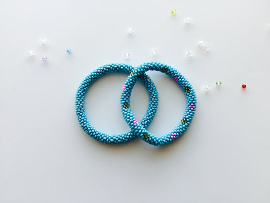 SET of 2 Nepal Beaded Bracelets Turquoise Blue Pink