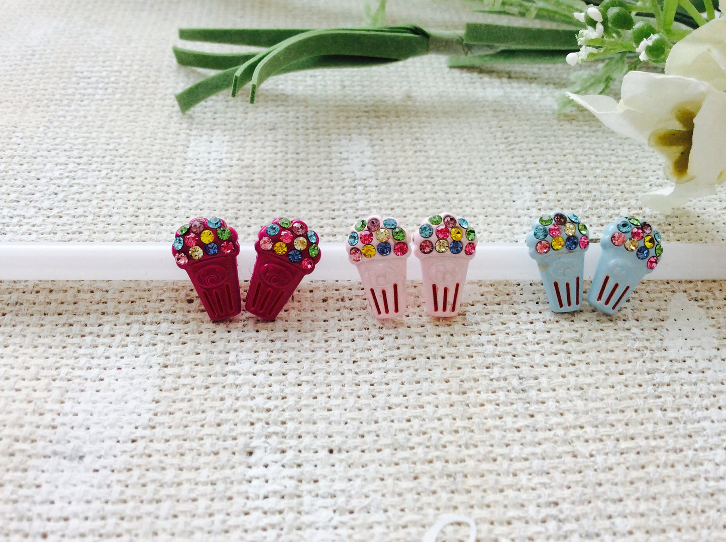 Dainty Blue Pink Fuchsia Popcorn w/ Crystal Enamel Post Earrings Adorable!  Party Gift Unique Birthday