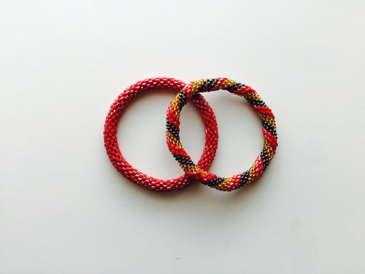 SET of 2 Nepal Beaded Bracelets Red Gold Gray Spiral