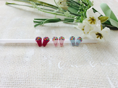 Dainty Blue Pink Fuchsia Popcorn w/ Crystal Enamel Post Earrings Adorable!  Party Gift Unique Birthday