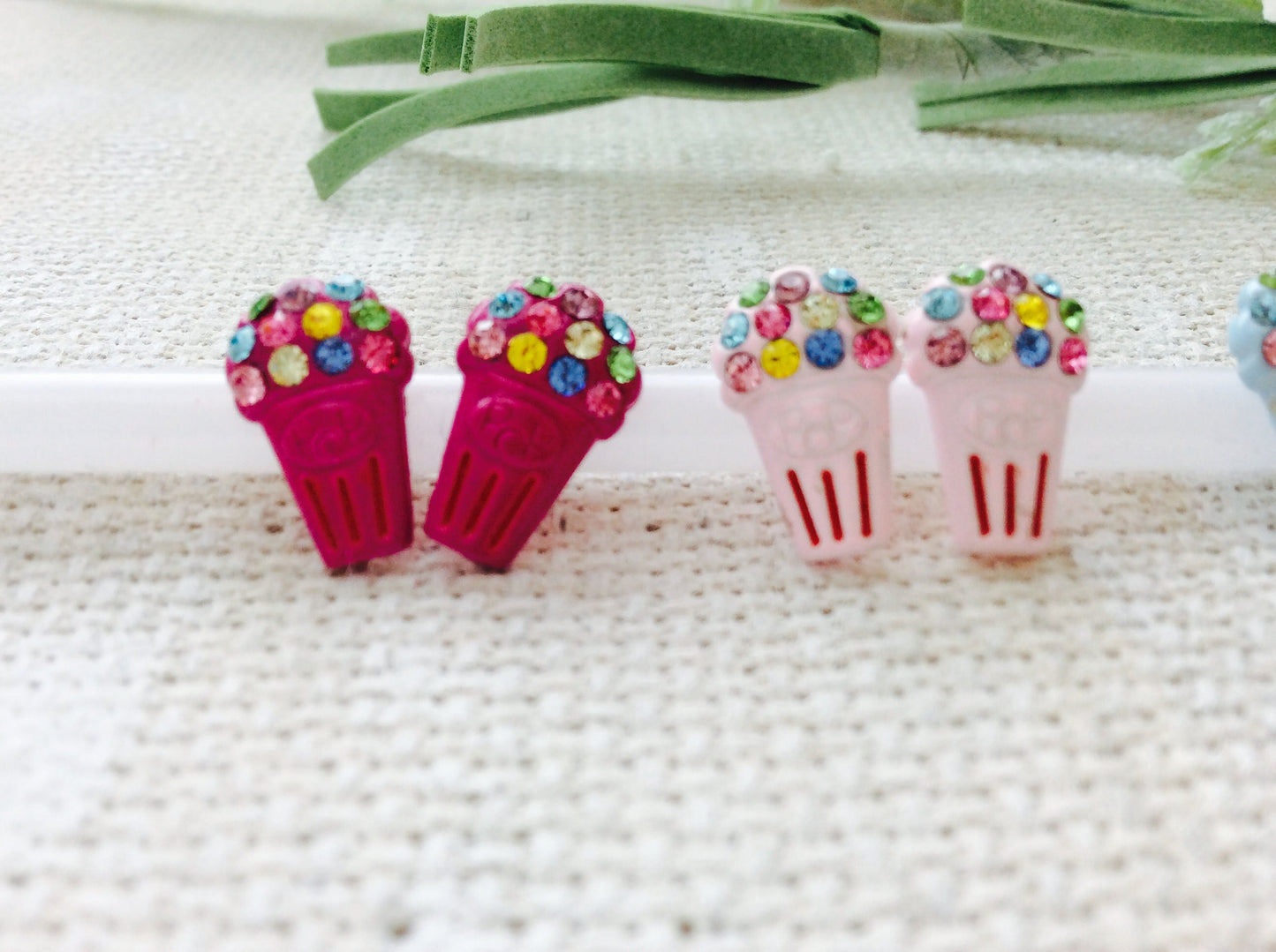 Dainty Blue Pink Fuchsia Popcorn w/ Crystal Enamel Post Earrings Adorable!  Party Gift Unique Birthday