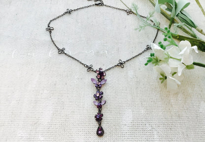 Vintage / Antique / Pewter / Purple Amethyst Crystal / Butterfly Drop Teardrop / Necklace