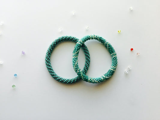 SET of 2 Nepal Beaded Bracelets Teal Green Gray Spiral
