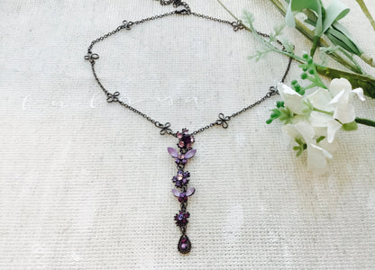 Vintage / Antique / Pewter / Purple Amethyst Crystal / Butterfly Drop Teardrop / Necklace