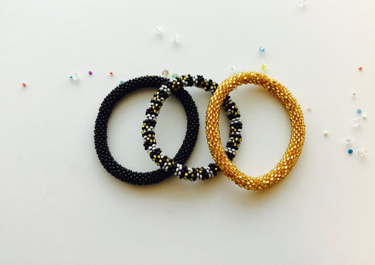 Nepal Beaded  Bracelets Set of 3 Gift Black White Gold Stripes Flowers