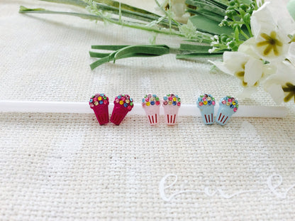 Dainty Blue Pink Fuchsia Popcorn w/ Crystal Enamel Post Earrings Adorable!  Party Gift Unique Birthday