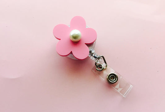 Pink Daisy Flower / Pearl Badge Reel ID Holder