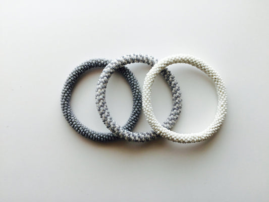 Nepal Beaded  Bracelets Set of 3 Gift Gray White