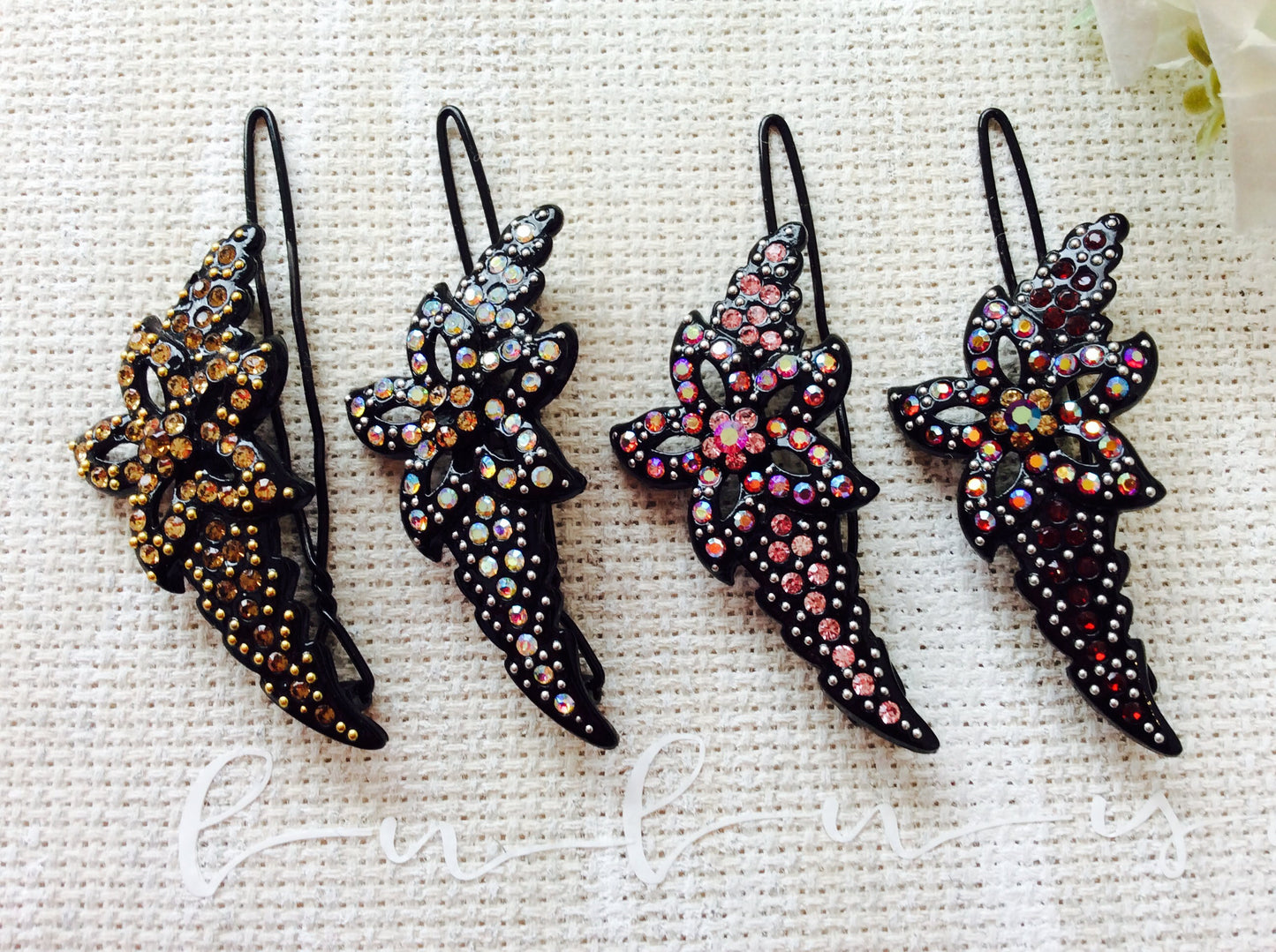 Pink Red AB Iridescent Topaz Brown Crystal Hair Clip Pin Barrette Flower