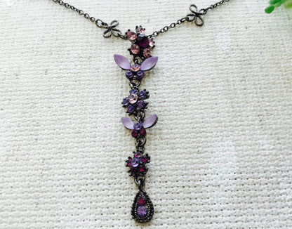 Vintage / Antique / Pewter / Purple Amethyst Crystal / Butterfly Drop Teardrop / Necklace