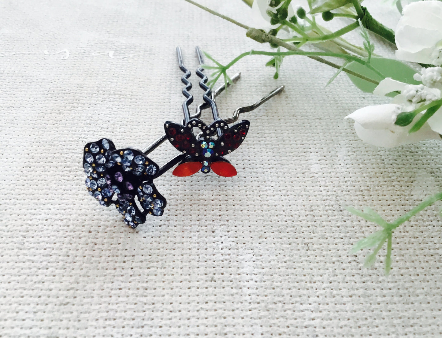 High Quality / Flower Butterfly /  Blue Crystal Rhinestone / Metal Hair Pin Stick Wedding  Gift