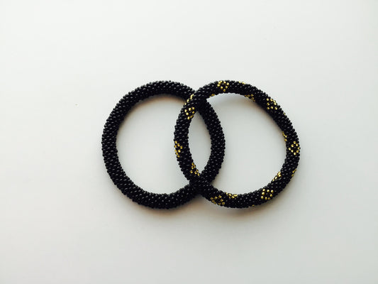 Nepal Handmade  Beaded  Bracelets Set of 2 Black Gold