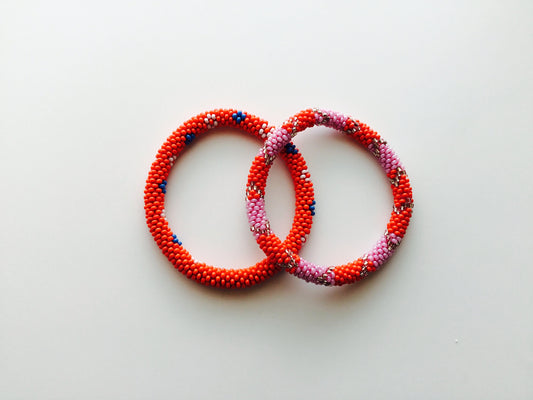 SET of 2 Nepal Beaded Bracelets Red Purple Silver White Blue Flower