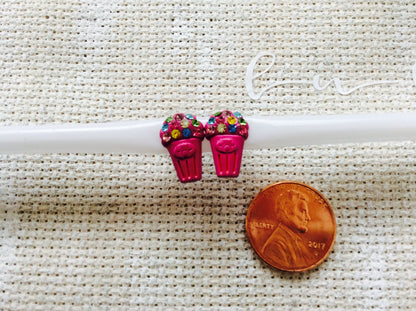 Dainty Blue Pink Fuchsia Popcorn w/ Crystal Enamel Post Earrings Adorable!  Party Gift Unique Birthday