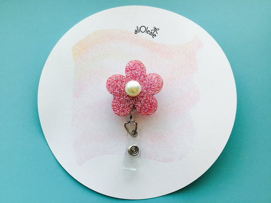 Pink Glitter Daisy w/ Pearl Accent Badge Reel