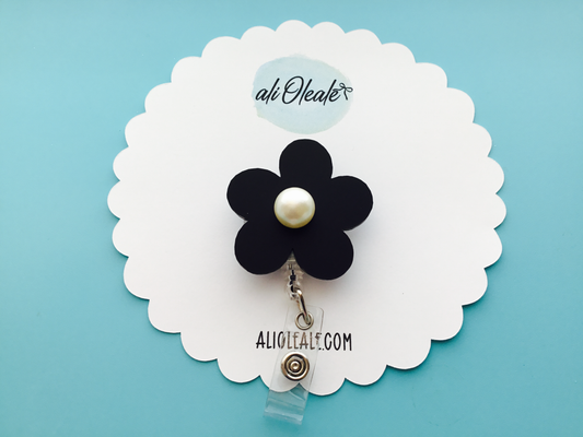 Black Daisy Flower w/ Pearl Badge Reel ID Holder