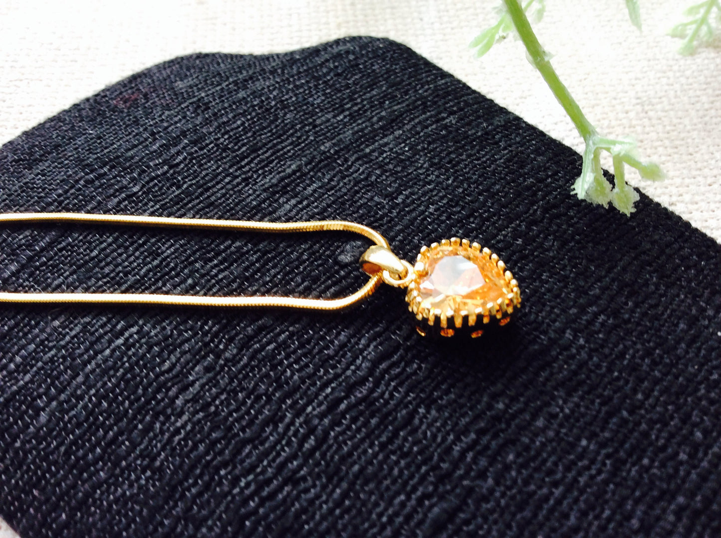 Topaz CZ Cubic Zirconia / Heart Charm Gold Snake Chain Necklace