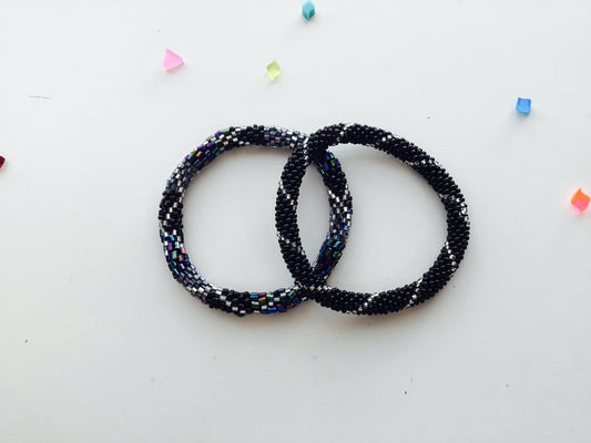 SET of 2 Nepal Beaded Bracelets Blue Metallic Black Silver