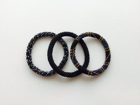 Nepal Beaded  Bracelets Set of 3  Black Gold