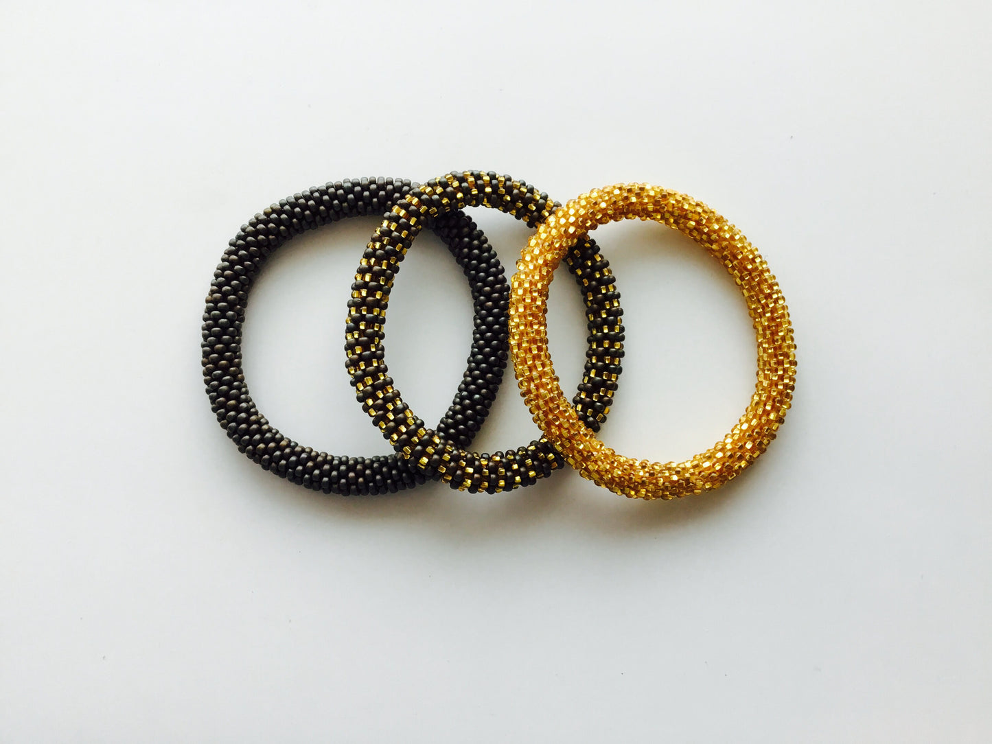 Nepal Beaded Bracelets Slide On Set of 3 Gold Gray Brown