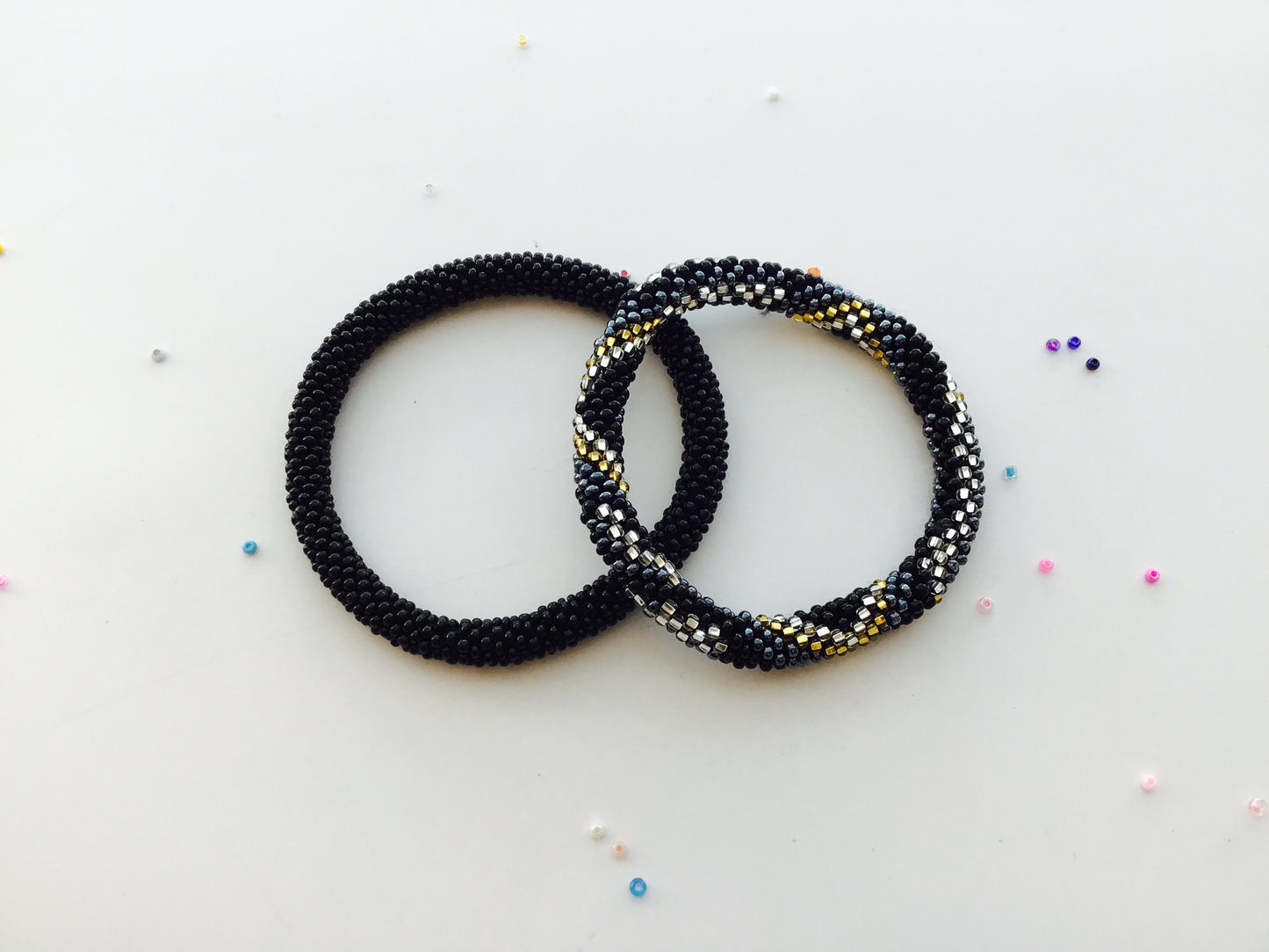 Nepal Handmade Beaded Bracelets Set of 2 Gold Black Silver