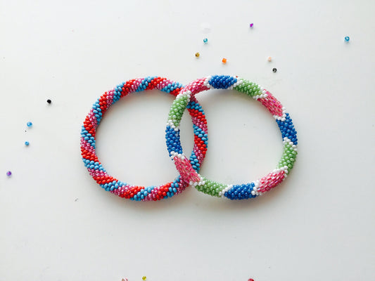 Set of 2 / Nepal Beaded Bracelets / Turquoise Blue Red Pink Spiral Chevron