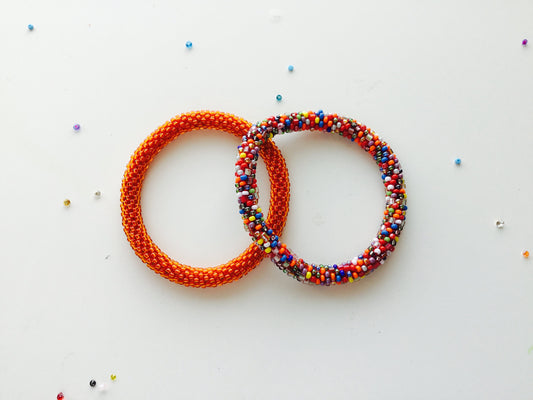 SET of 2  Nepal Beaded Bracelets Orange Red Sprinkle